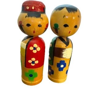 Vintage Kokeshi Dolls Pair Wooden Painted Bobble Head Made In Japan